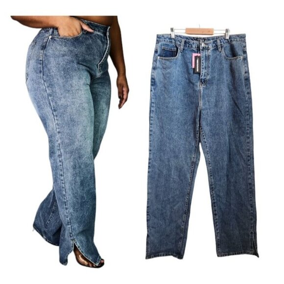 PrettyLittleThing‎ Vintage Wash Mom Jeans Womens Size 12 Spit Hem CMM6225 NWT - Picture 1 of 14